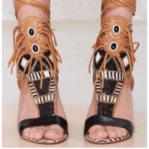 Sam Edelman Sandals Yates Tribal Beaded Wraparound High Heel Black & Soft Saddle - Picture 2 of 16
